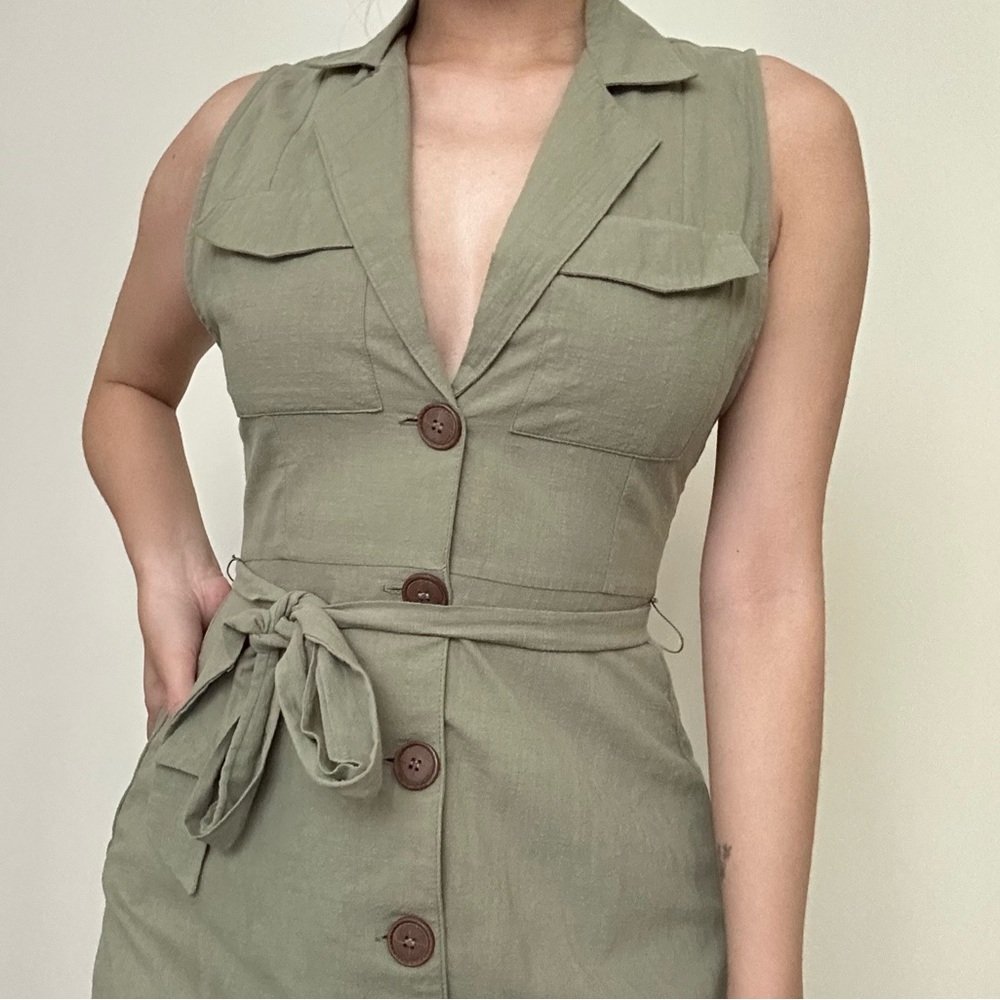 Favlux Green Collared Sleeveless Tie Front Button Mini Dress